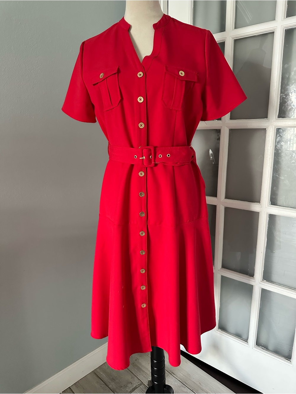 Vibrant Red Button-Front Midi Dress with Belt